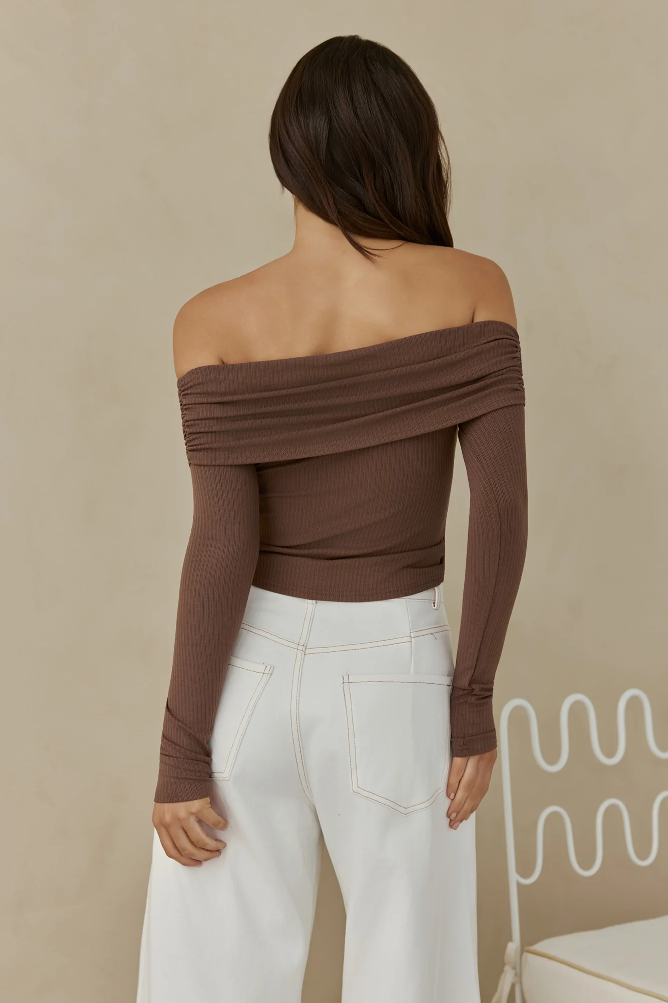 Autumn Dreamer Long Sleeve Off Shoulder Top Brown - Image 2