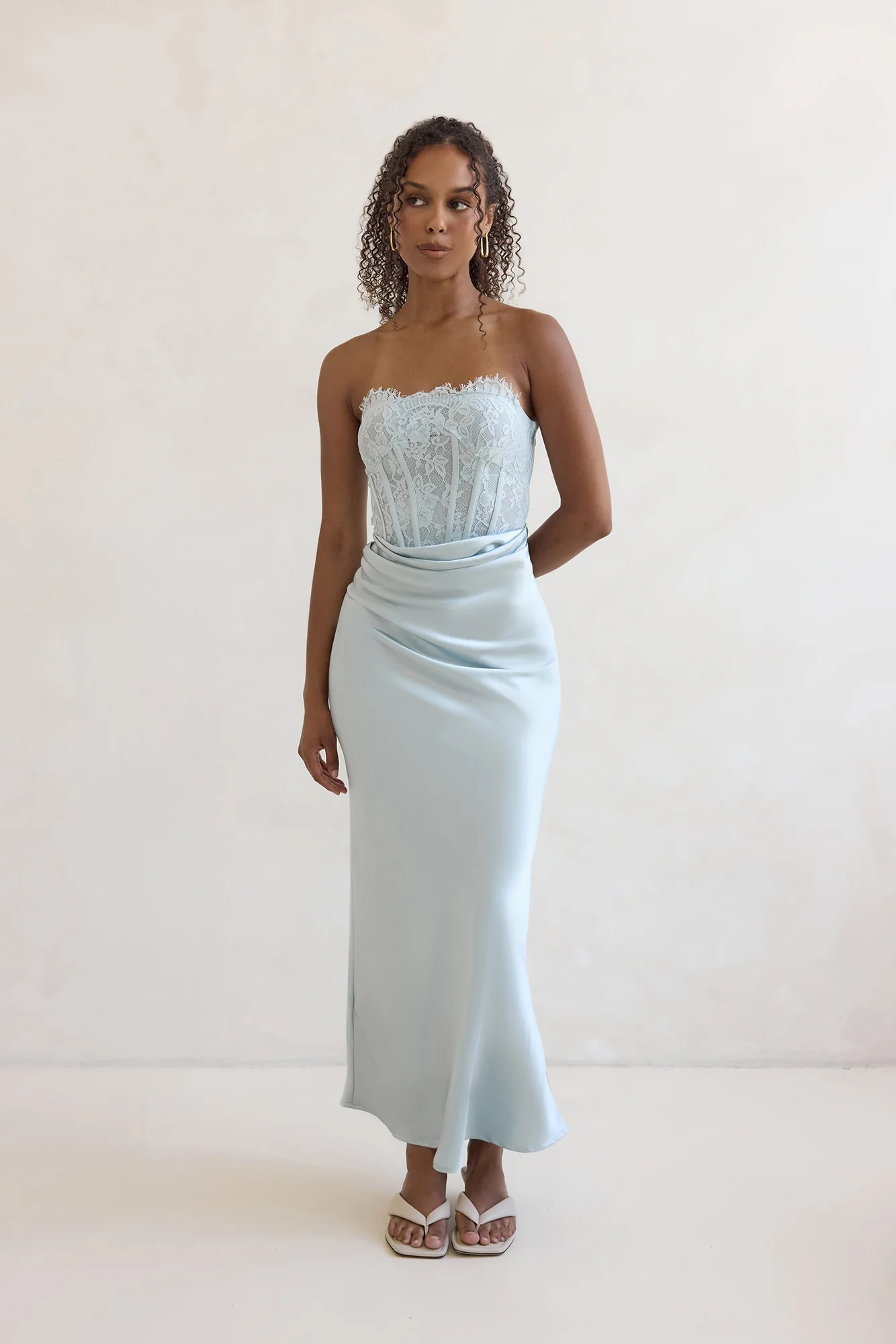 Away With You Satin Lace Strapless Maxi Dress Blue - Image 4