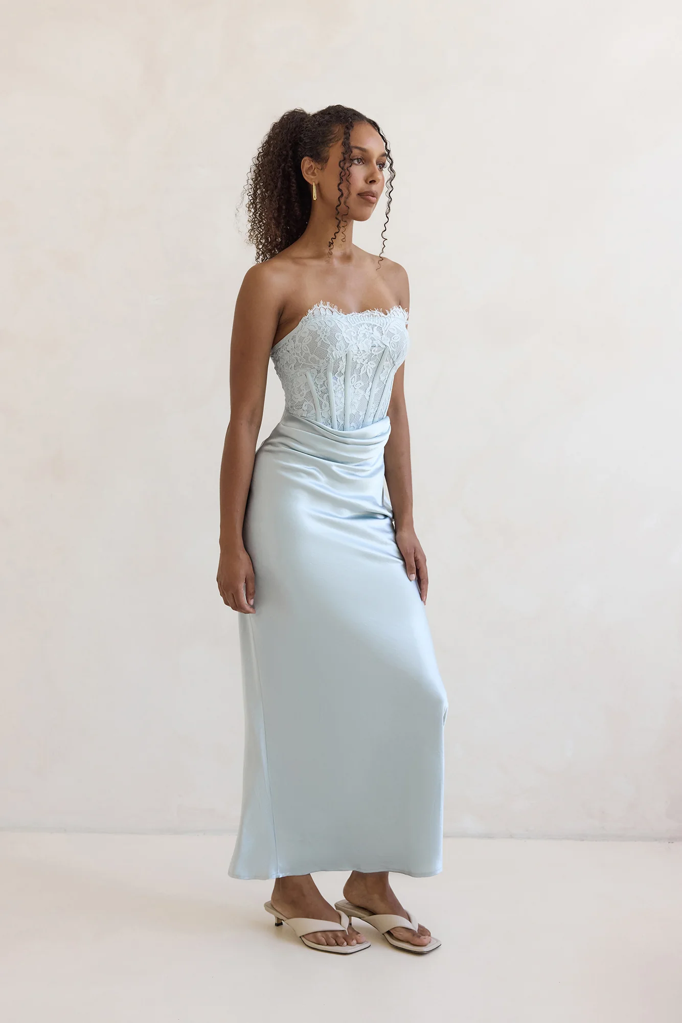 Away With You Satin Lace Strapless Maxi Dress Blue - Image 5