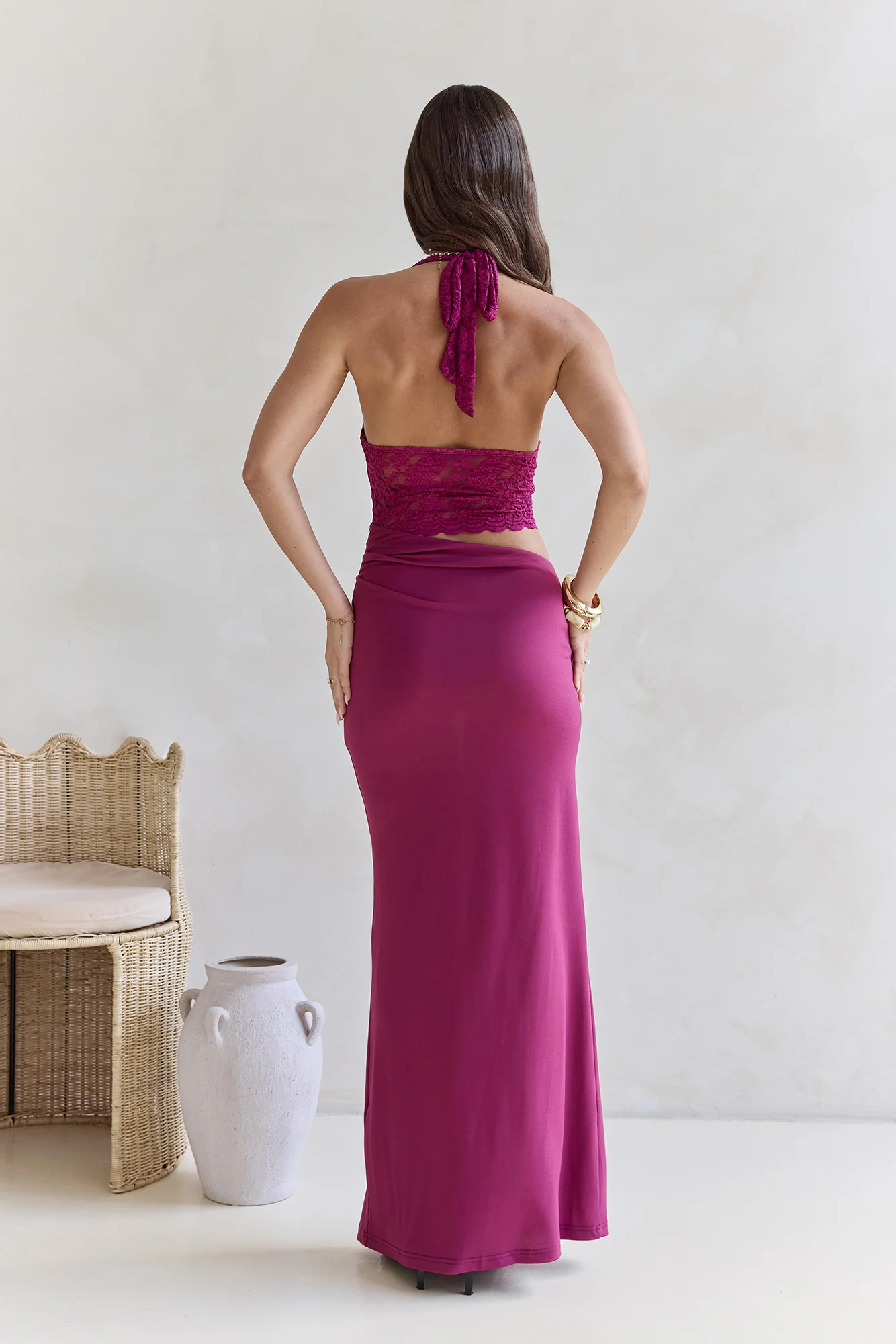 Best Believe Lace Halter Maxi Dress Plum - Image 2
