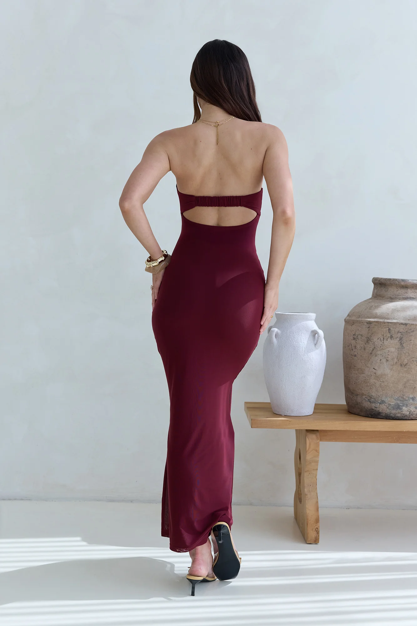 Caught Your Eye Mesh Strapless Maxi Dress Burgundy - Image 2