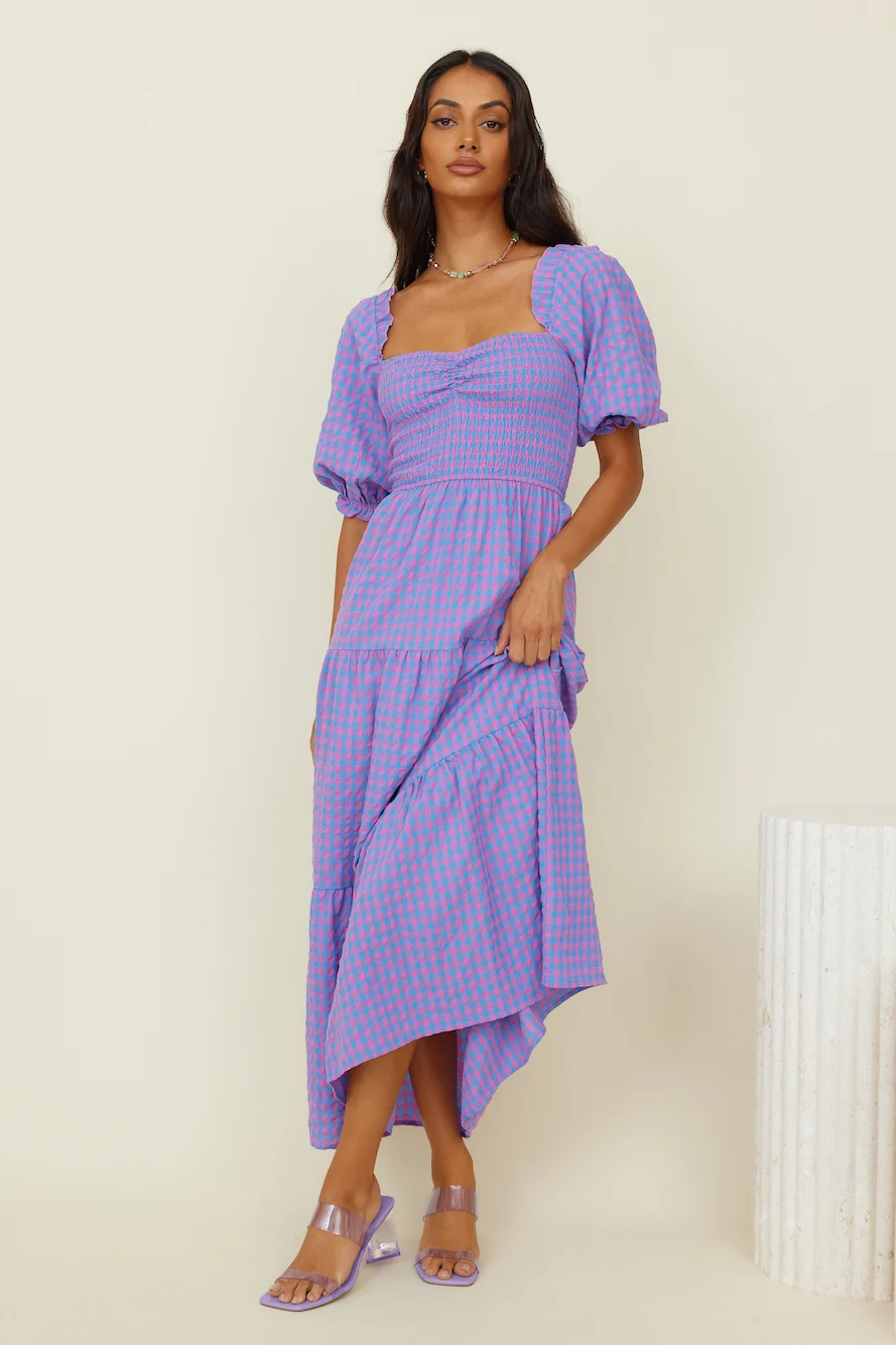 CHARLIE HOLIDAY Elena Midi Dress Pink Blue Gingham - Image 5