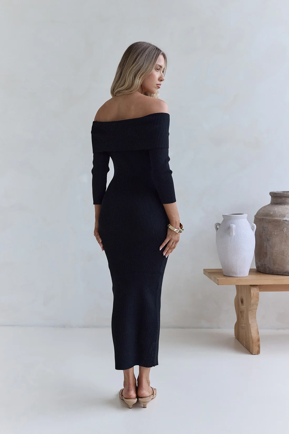 Chilled Luxe Off Shoulder Knit Maxi Dress Black - Image 5