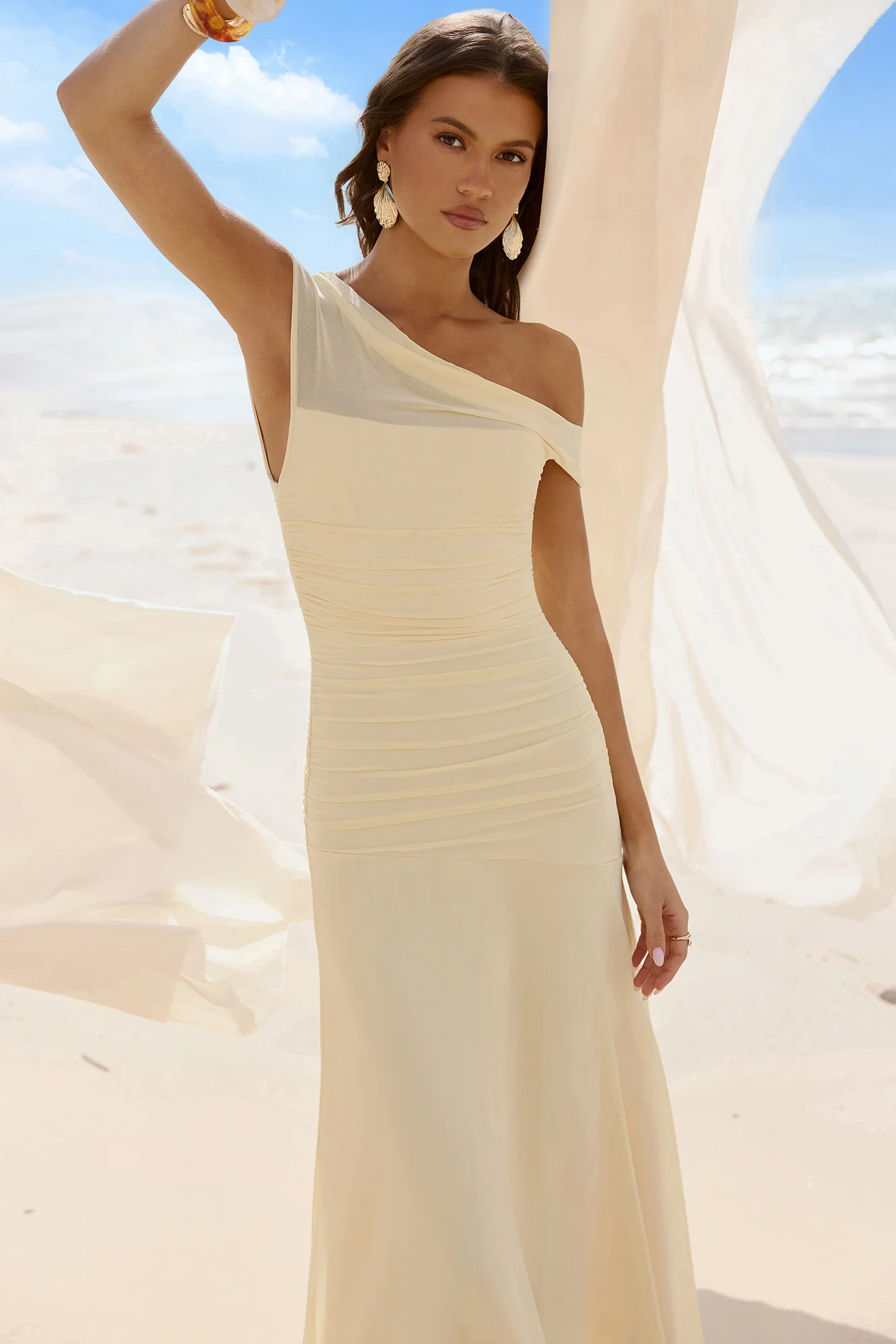 Coffee And Wine Mesh Off Shoulder Maxi Dress Yellow - Image 6