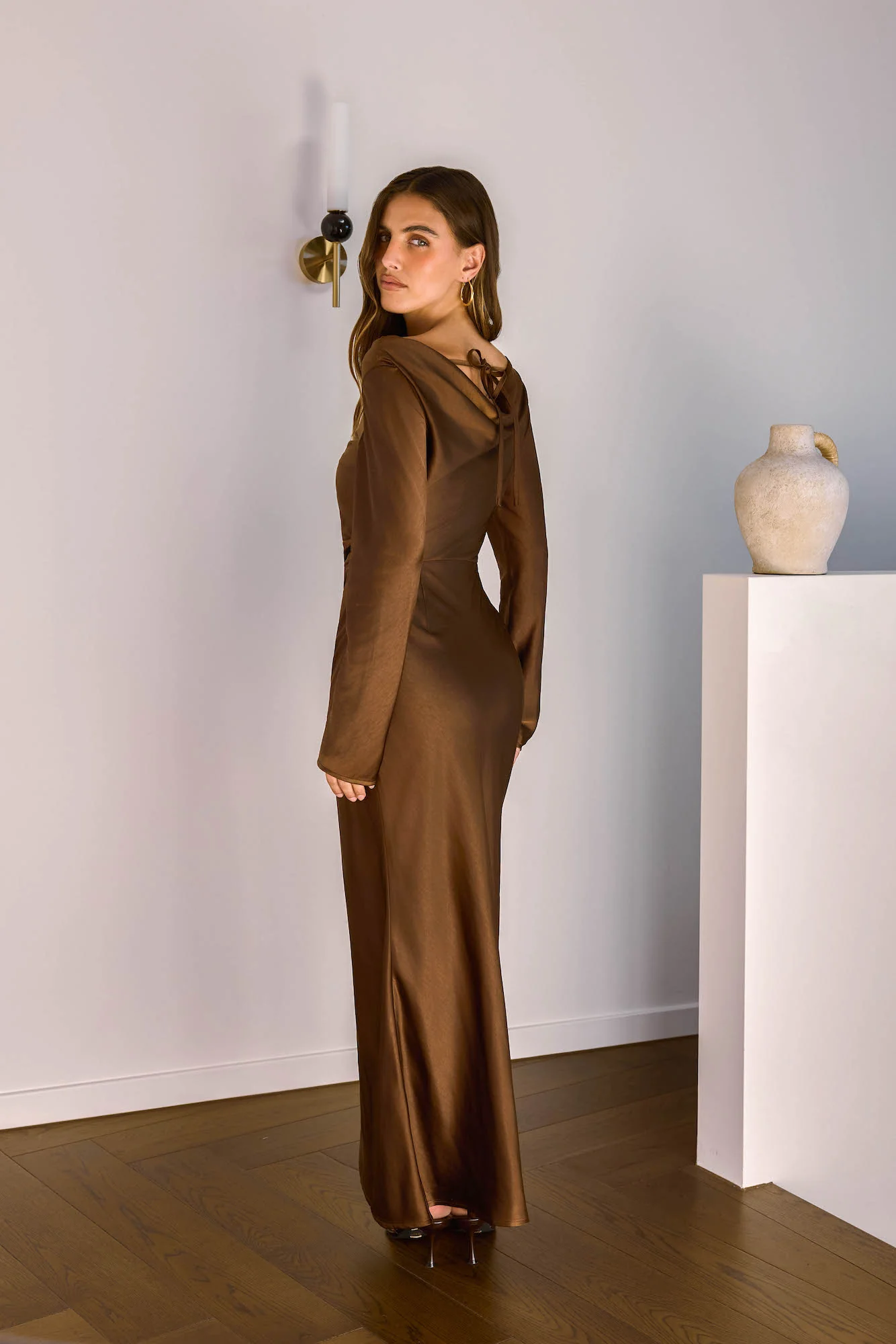 Cross The Skies Satin Long Sleeve Maxi Dress Brown - Image 8