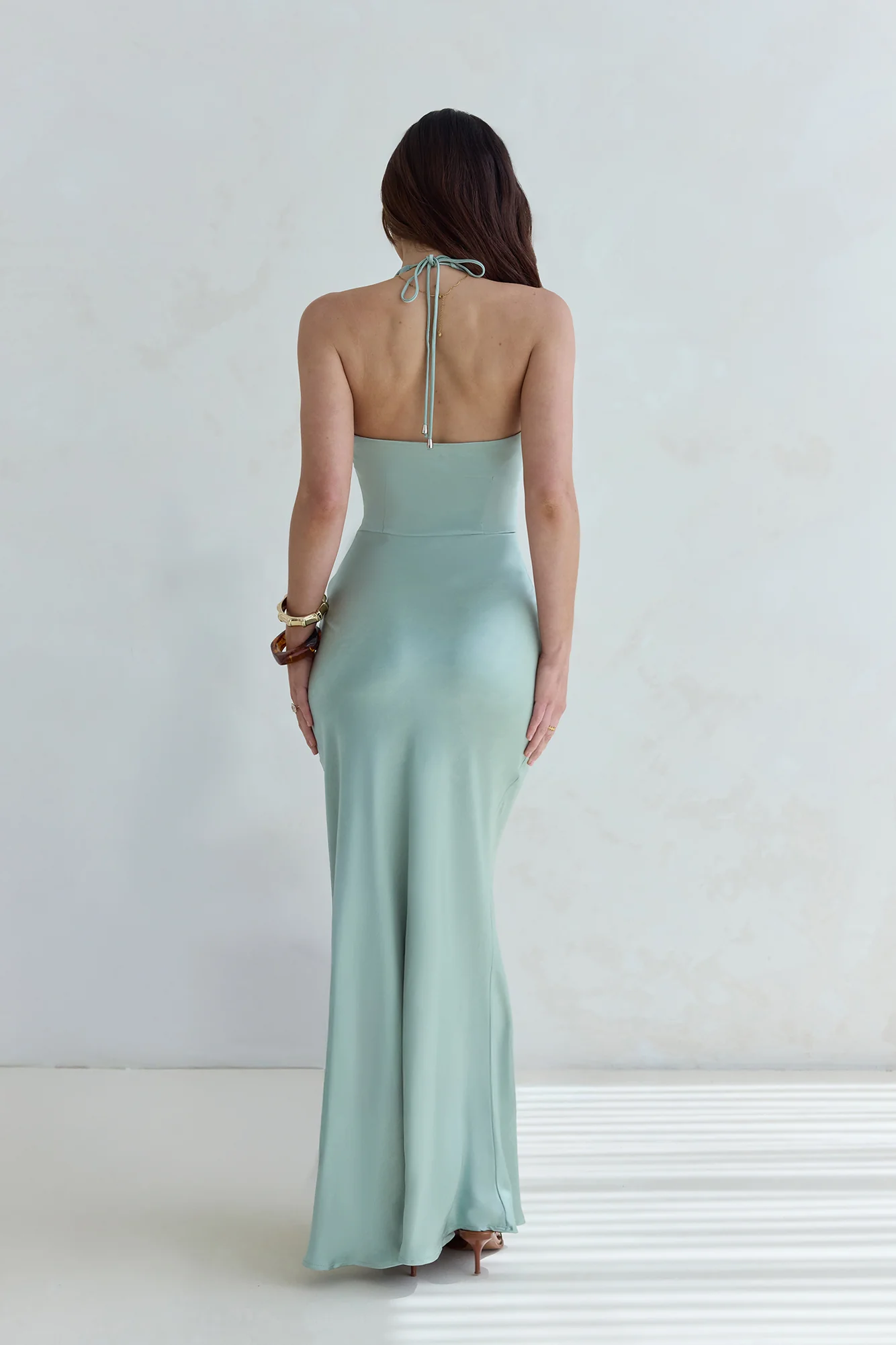 Destinations Halter Satin Maxi Dress Sage - Image 2
