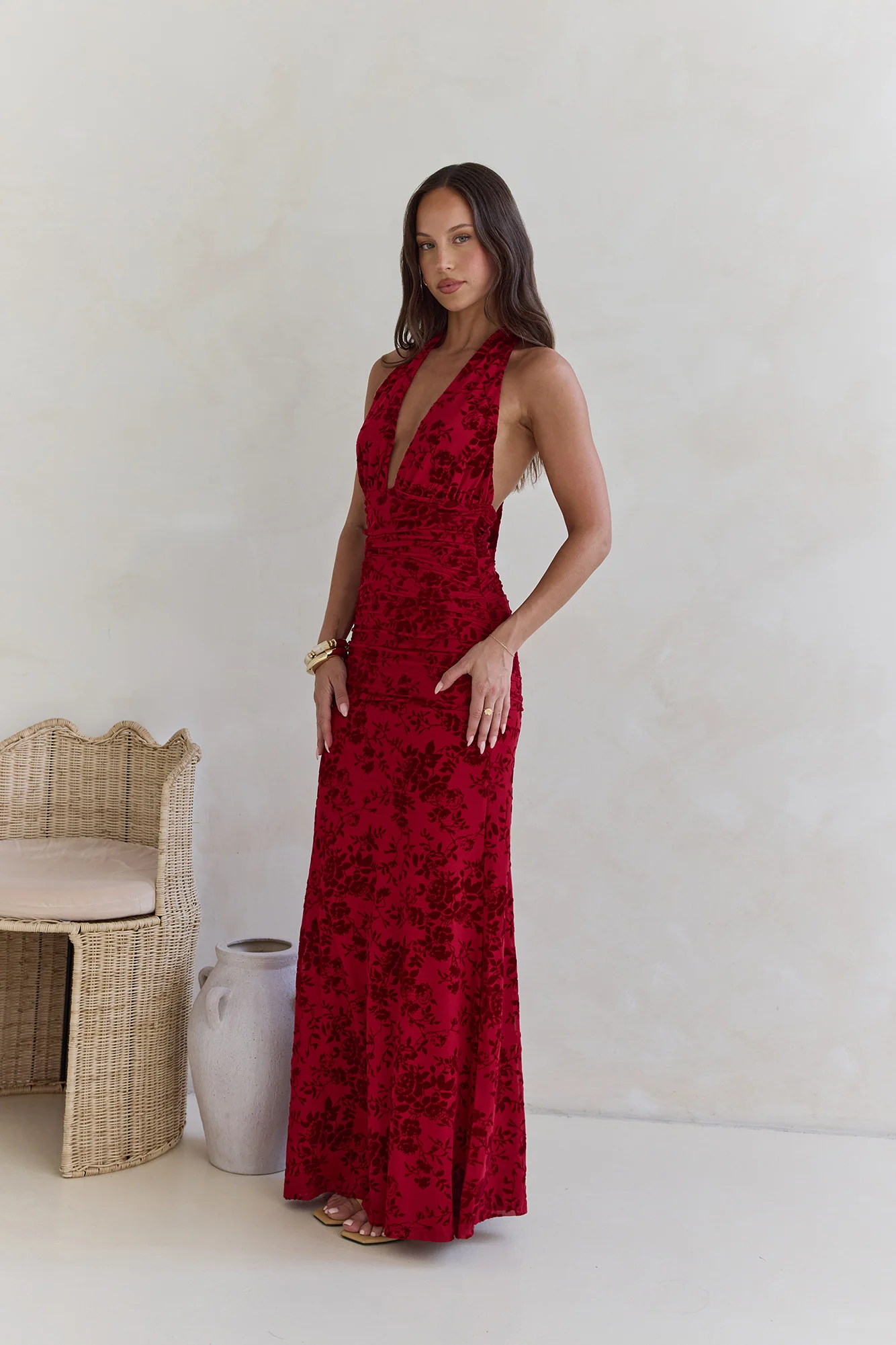 Dewy Whisper Halter Maxi Dress Wine - Image 5