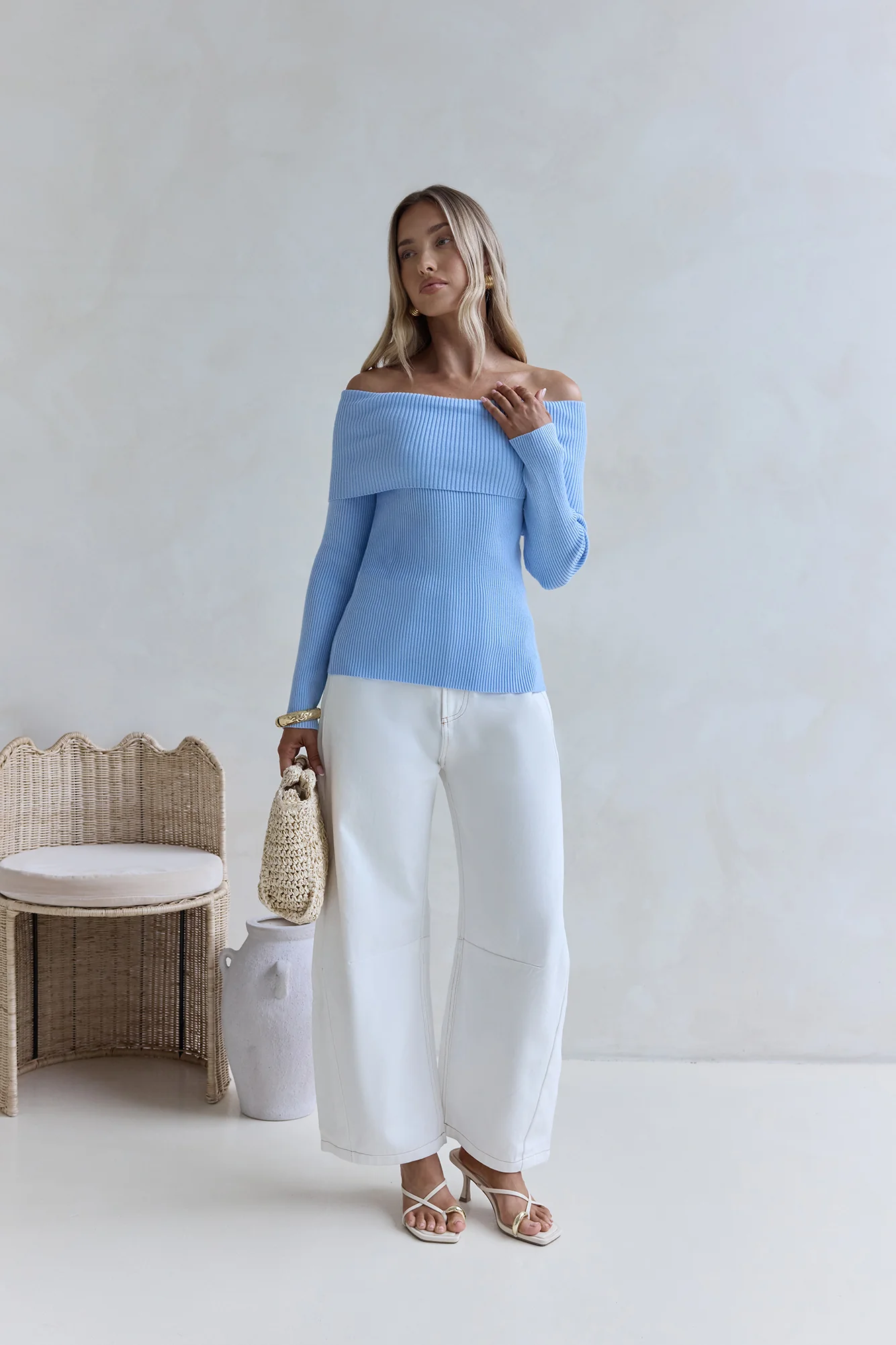 Dreamwave Off Shoulder Knit Top Blue - Image 3