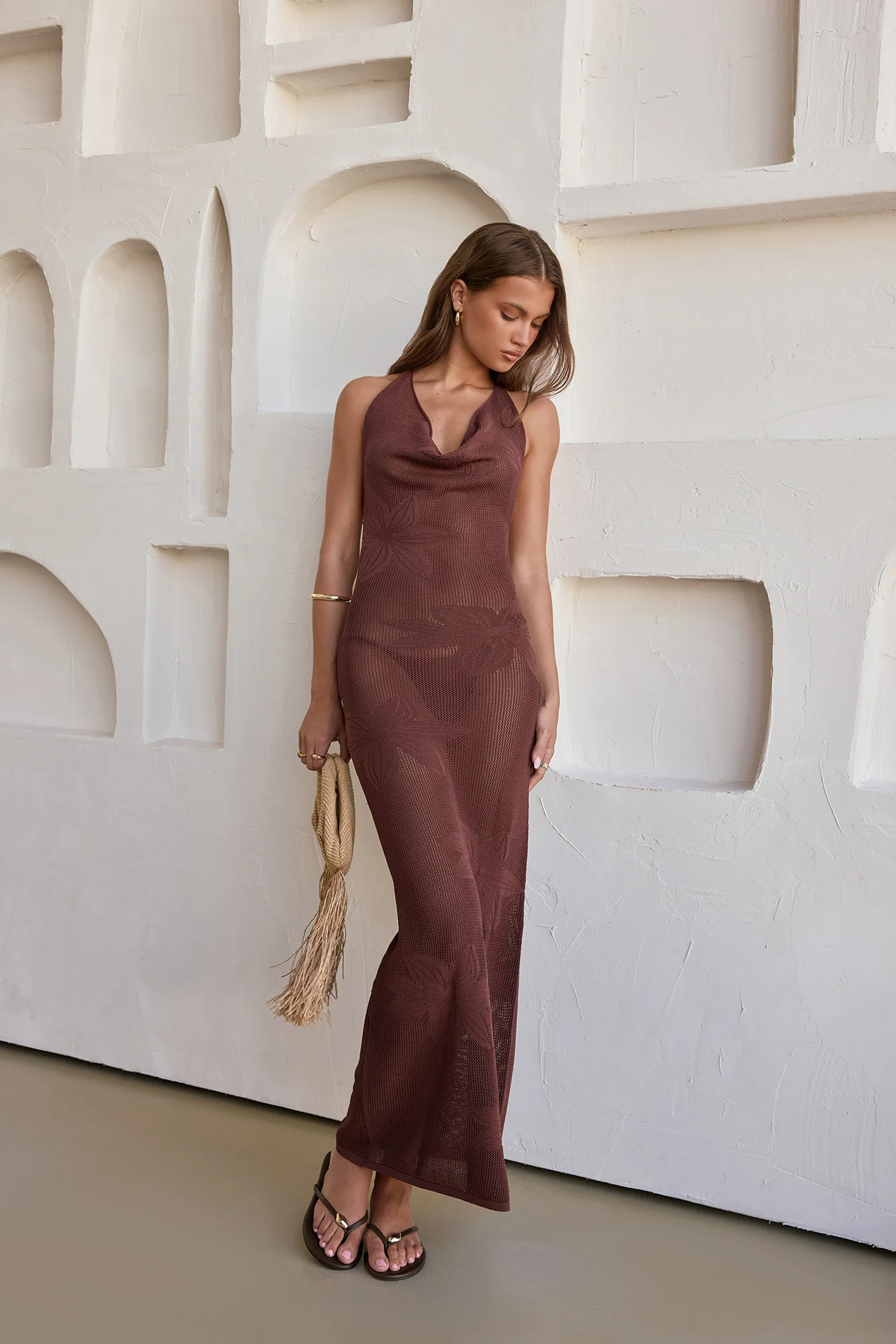 Flamingo Nights Halter Knit Maxi Dress Chocolate - Image 3