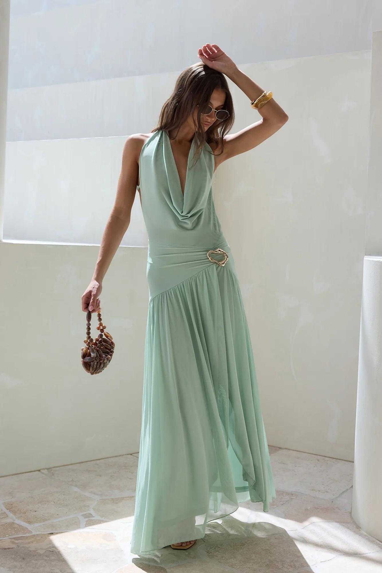 Floating Clouds Halter Mesh Maxi Dress Sage - Image 4