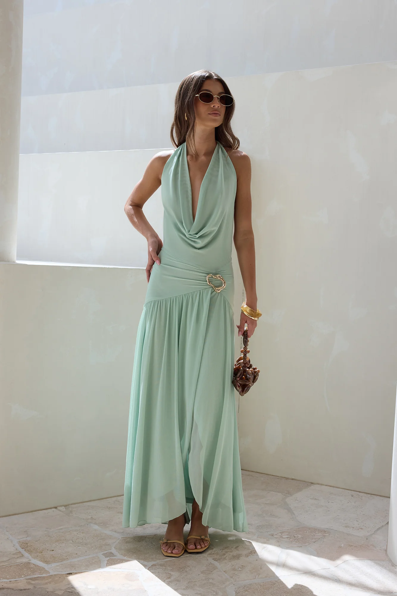Floating Clouds Halter Mesh Maxi Dress Sage - Image 8