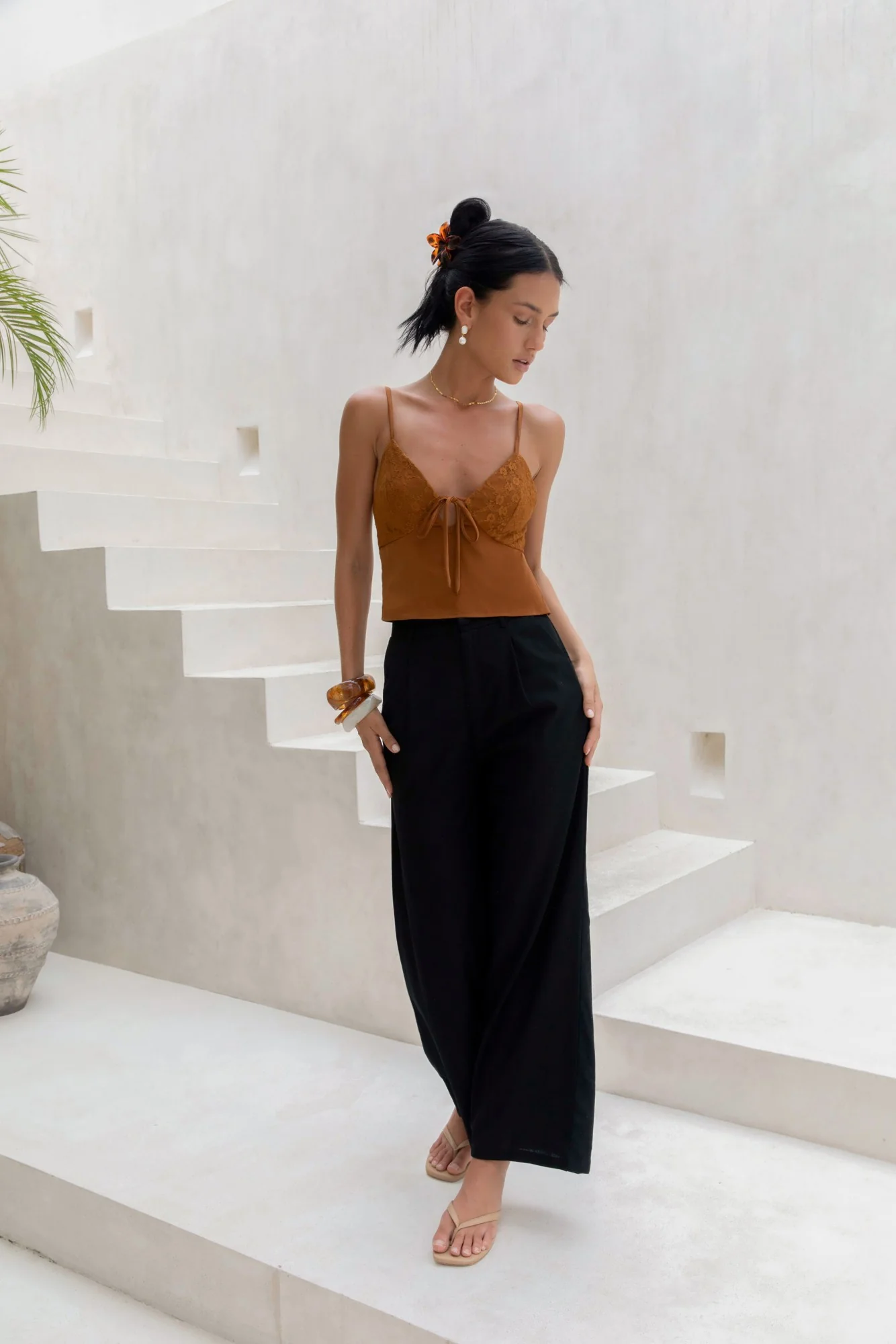 Flowing Leaves Lace Satin Top Chocolate - Image 5