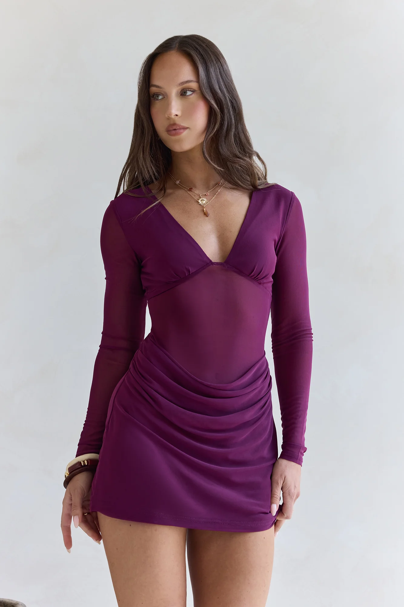 Glowing Nights Long Sleeve Mesh Mini Dress Plum - Image 7