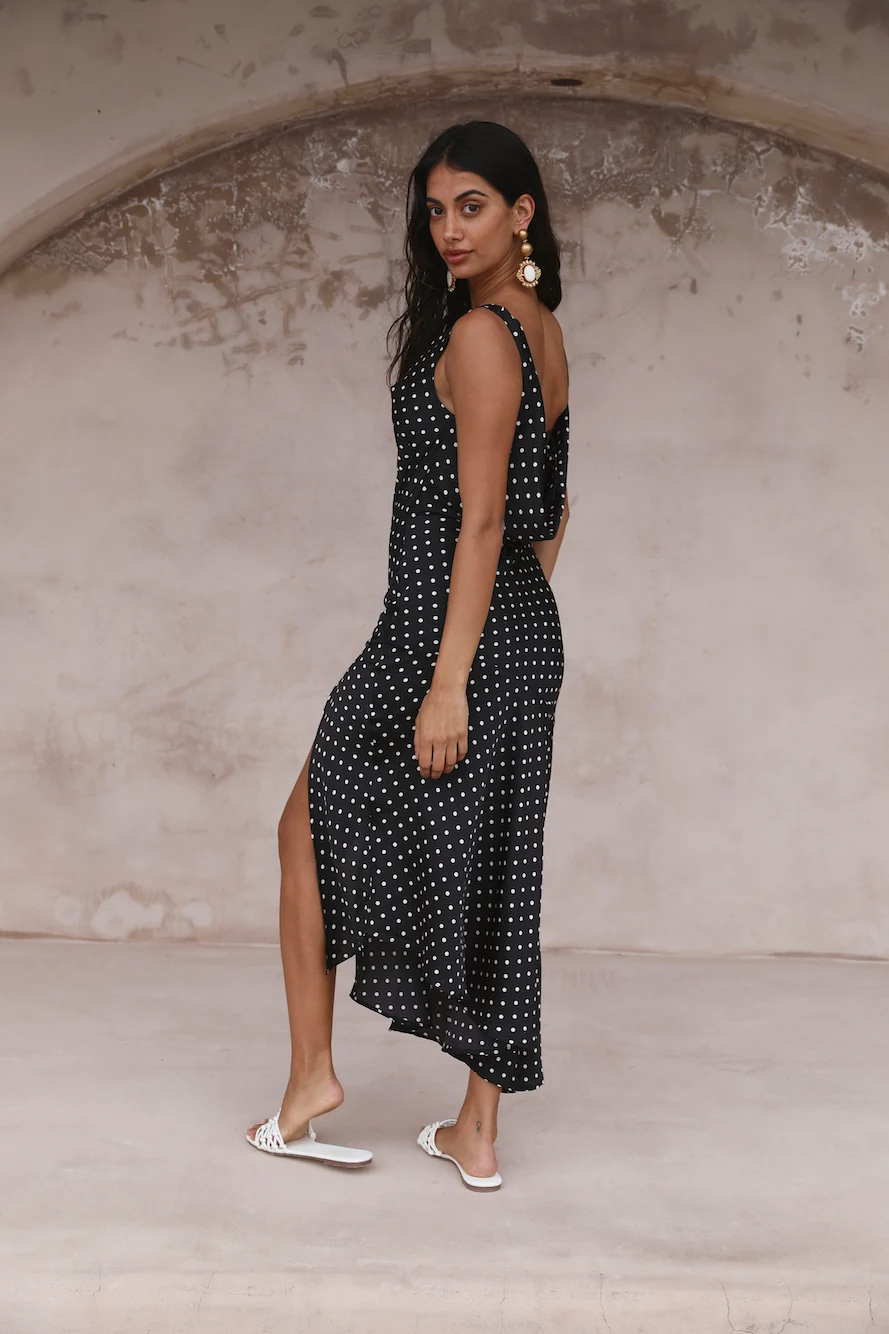 HELLO MOLLY Dotted Moment Satin Polka Dot Midi Dress Black - Image 6