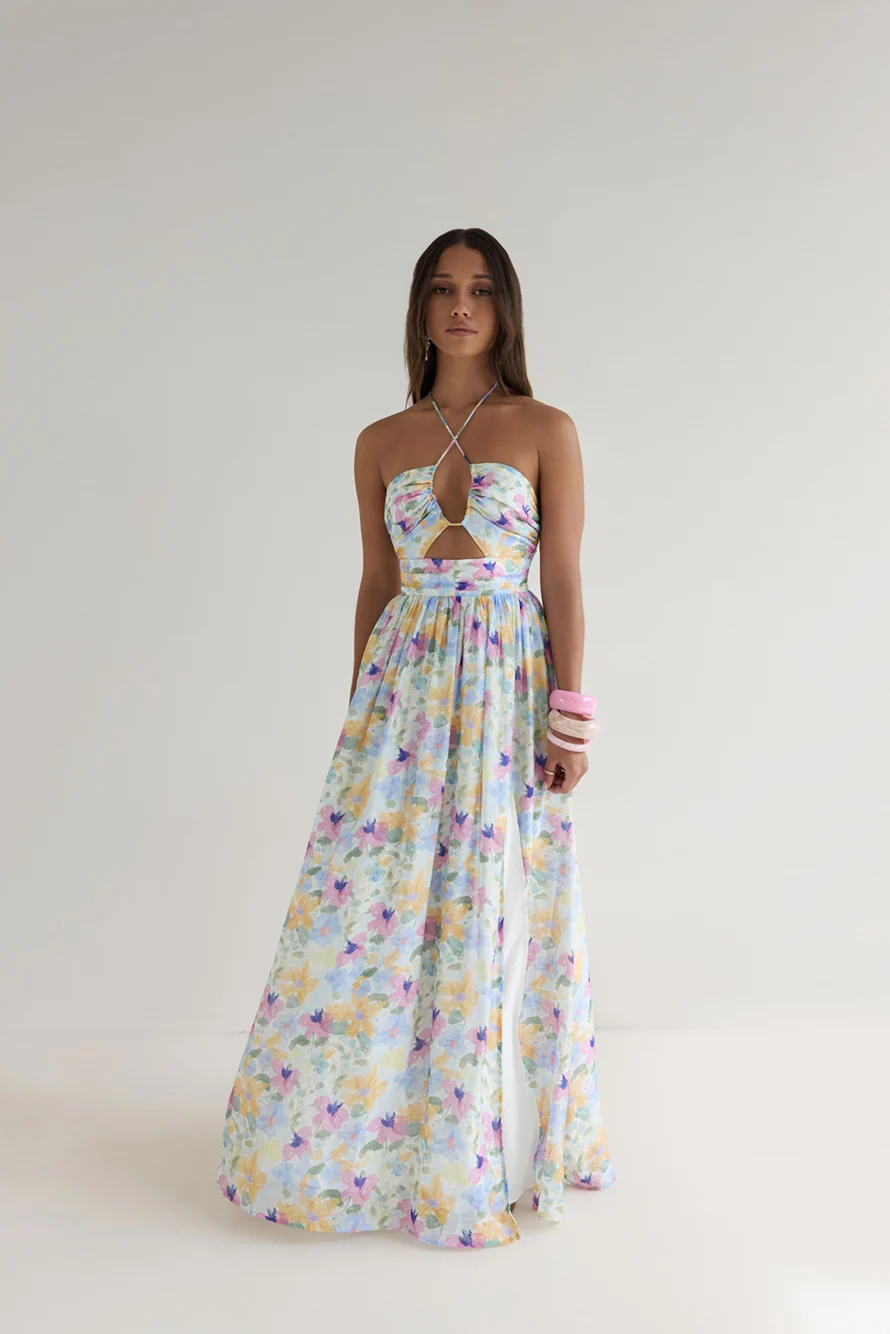 Hibiscus Hues Halter Maxi Dress Print - Image 6
