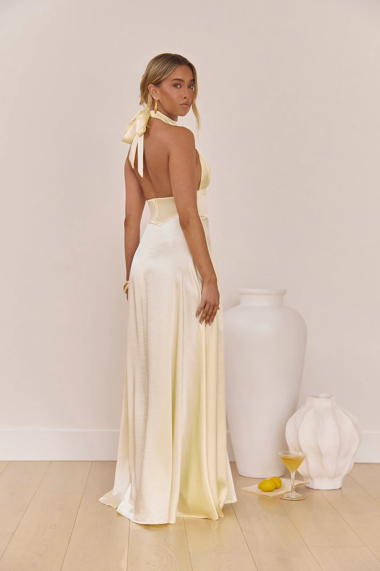 Hour Of Love Satin Halter Maxi Dress Yellow - Image 8