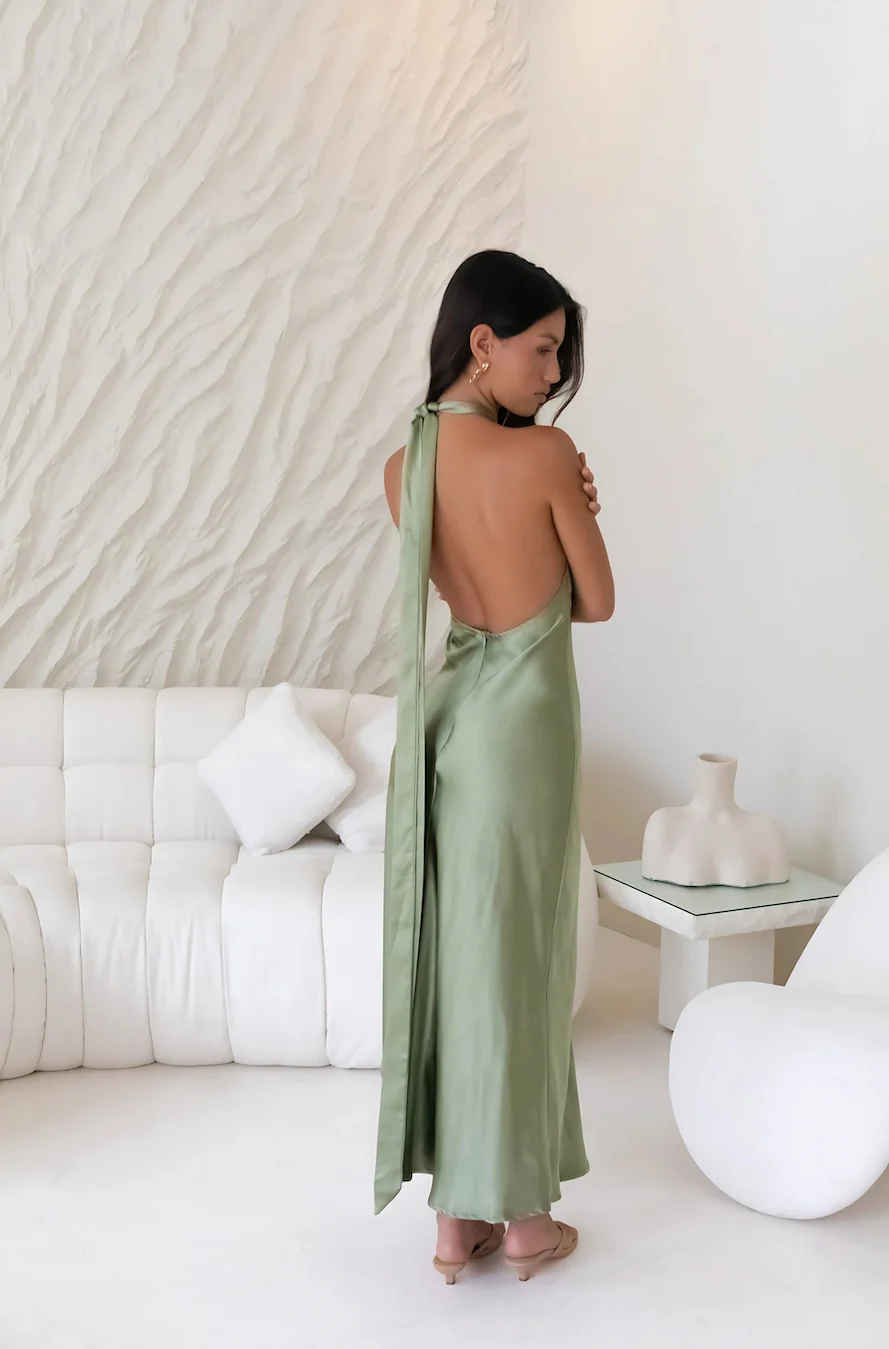 In My Feelings Satin Maxi Dress Olive - Image 6