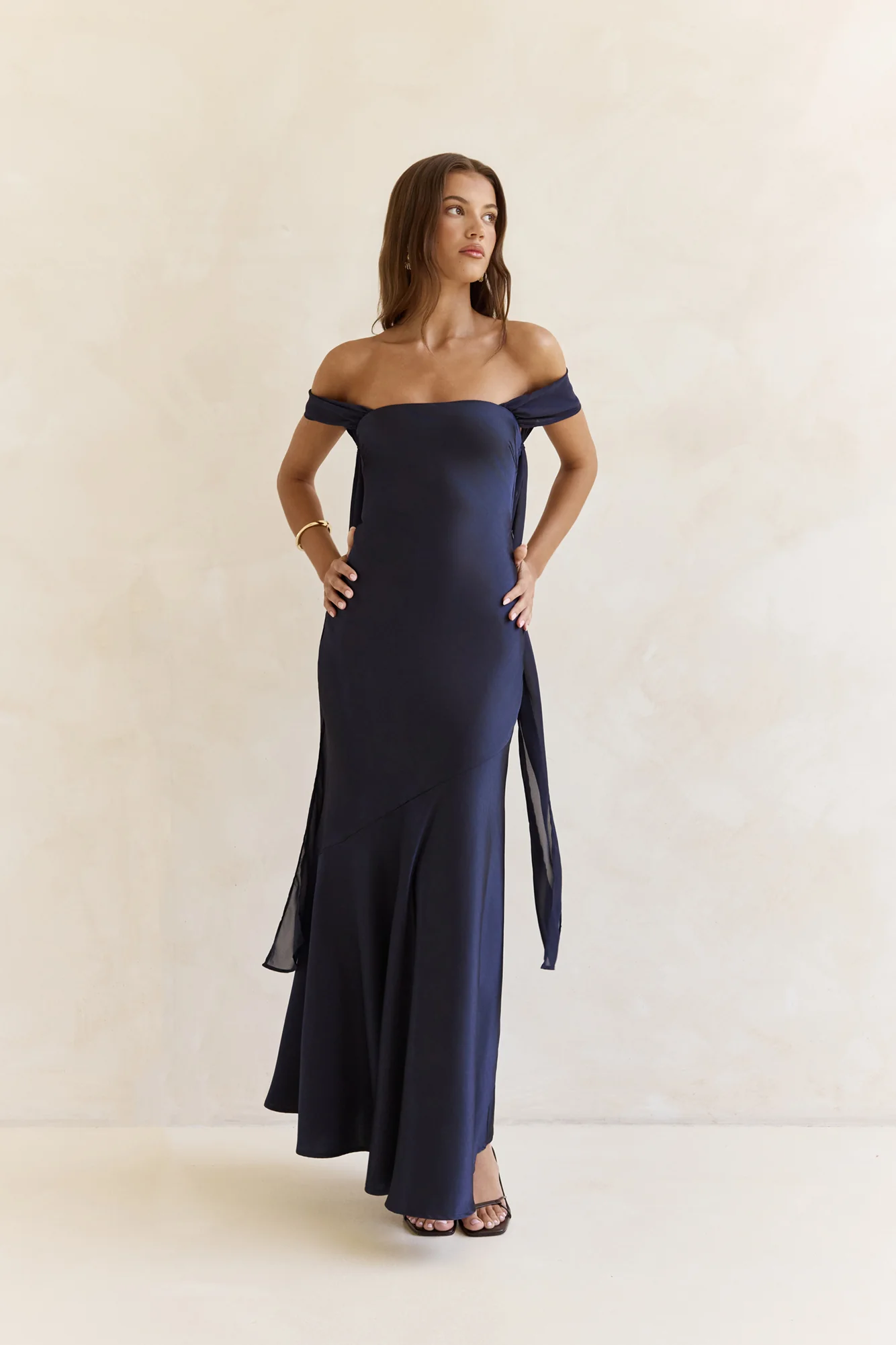 Late Night Dreams Off Shoulder Satin Maxi Dress Navy - Image 3