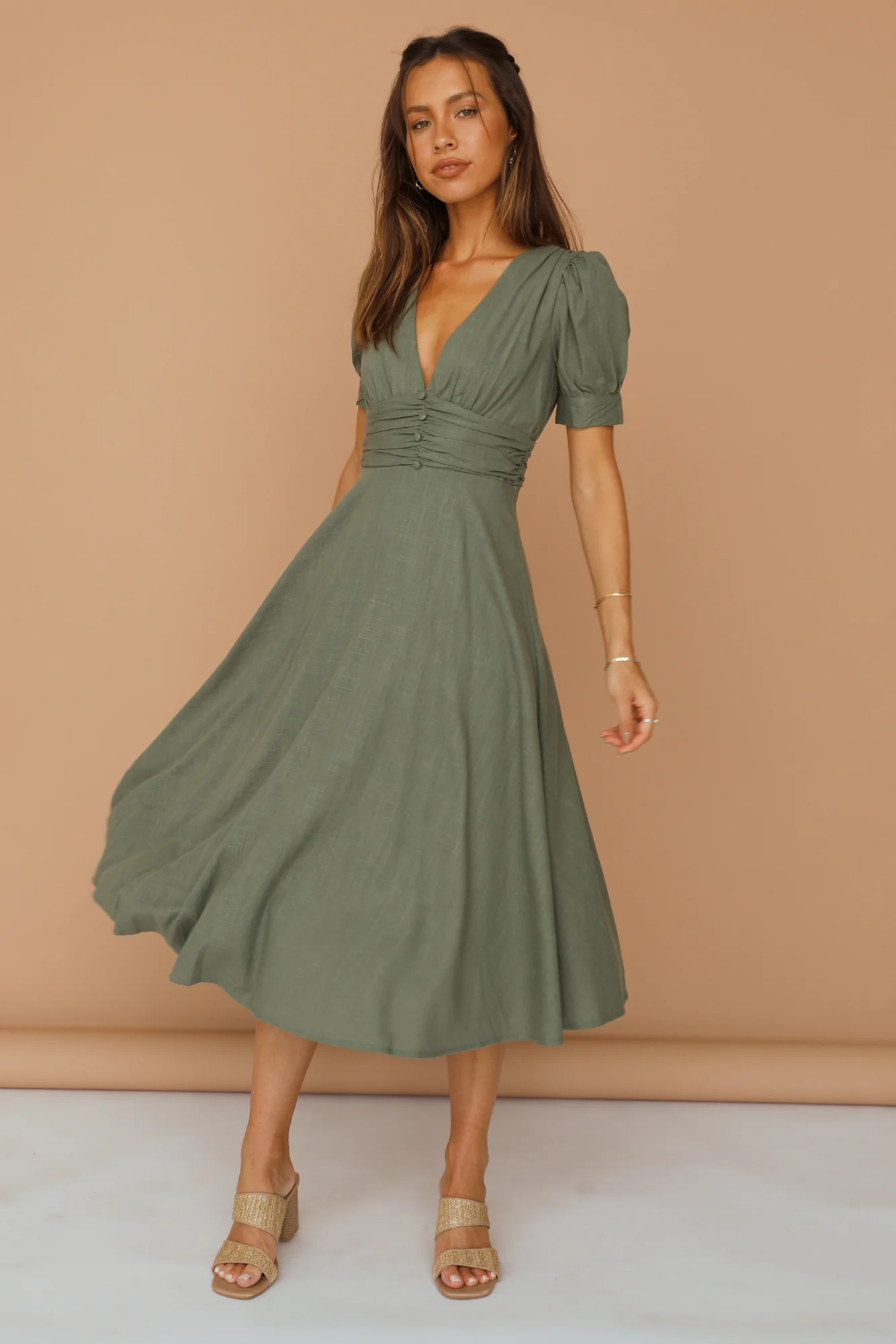 Leaves In The Wind Maxi Dress Khaki - Image 3