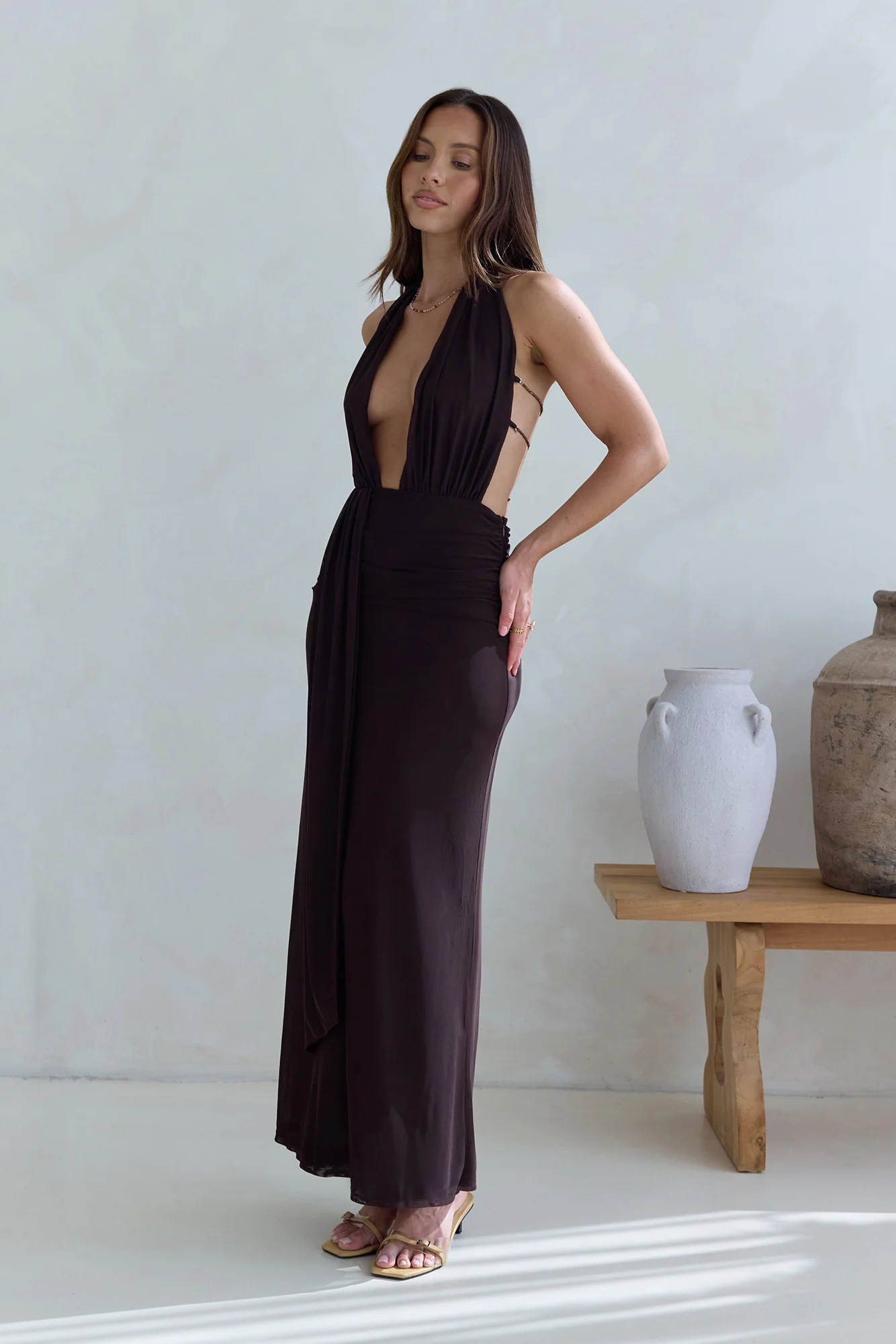 Make Your Mark Mesh Halter Maxi Dress Brown - Image 5