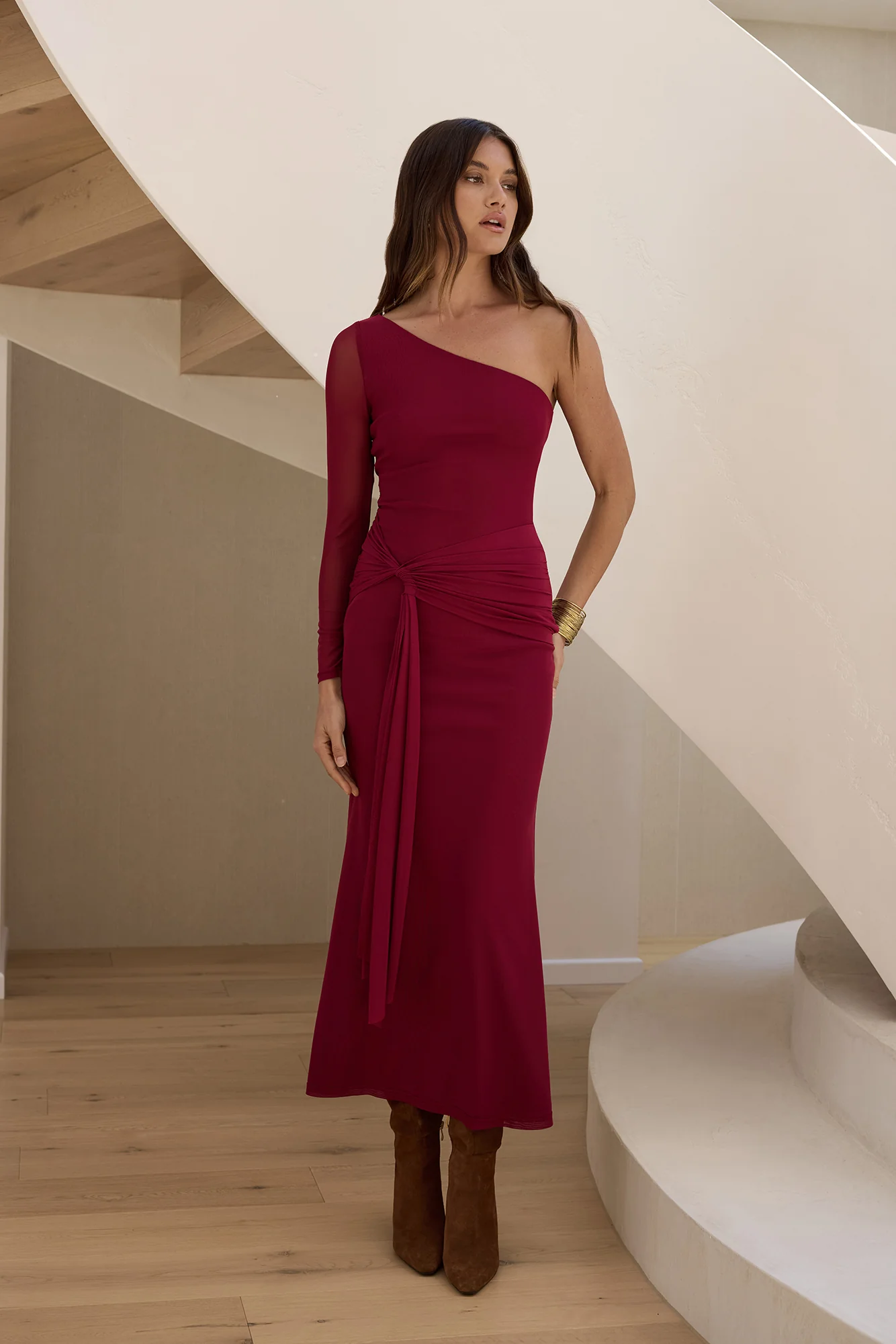Moment Of Clarity One Shoulder Mesh Maxi Dress Plum - Image 3