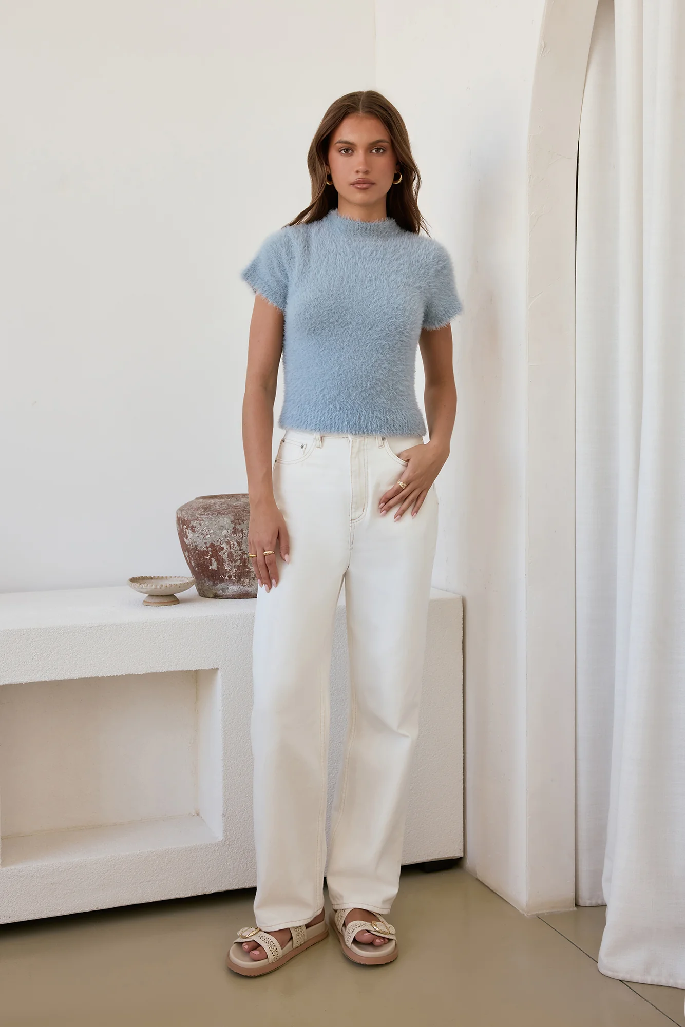 Old Money Hour Fluffy Knit Short Sleeve Sweater Blue - Image 3