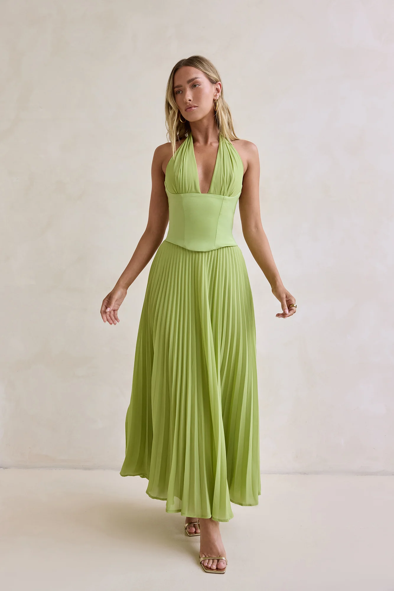 Paradise Falls Plisse Halter Maxi Dress Lime Green - Image 4