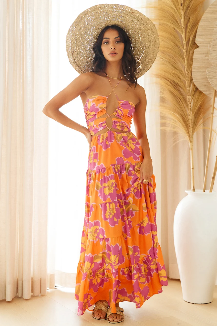 RUNAWAY THE LABEL Orchid Maxi Dress Orange Floral - Image 3