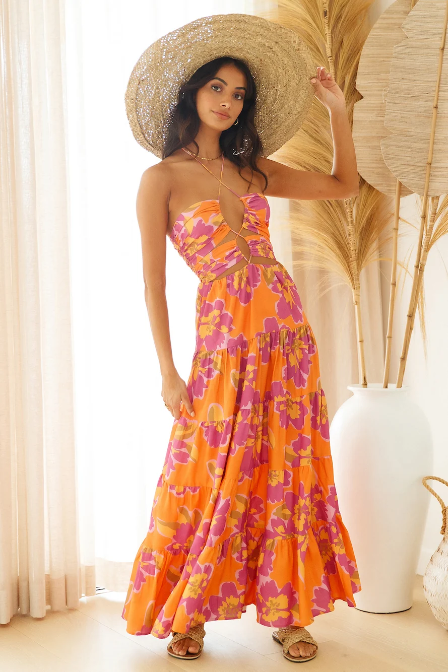 RUNAWAY THE LABEL Orchid Maxi Dress Orange Floral - Image 4