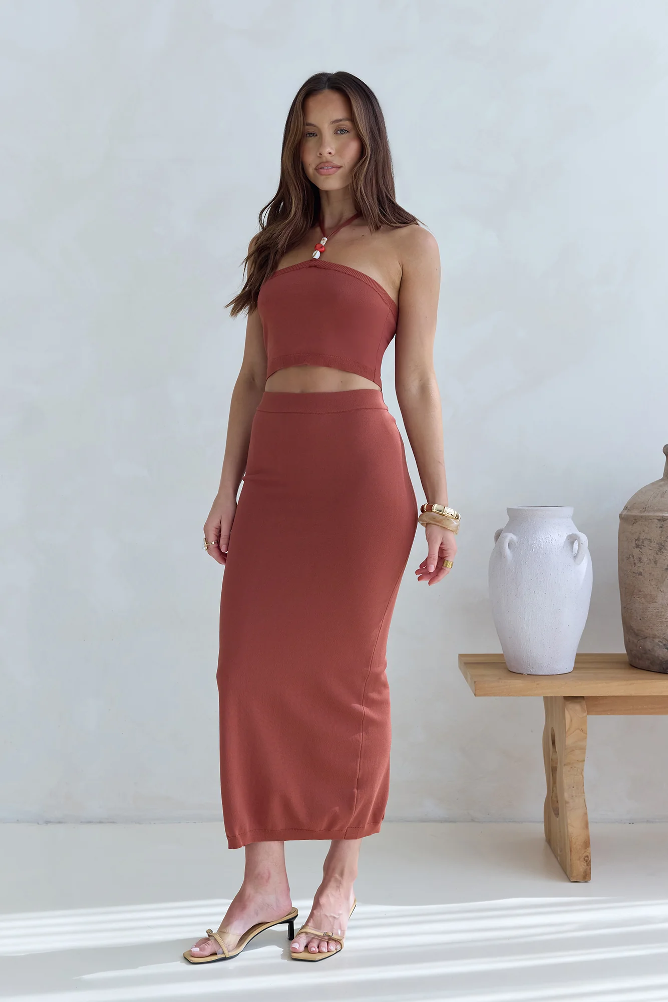 Secret Kisses Halter Knit Crop Top Clay - Image 3