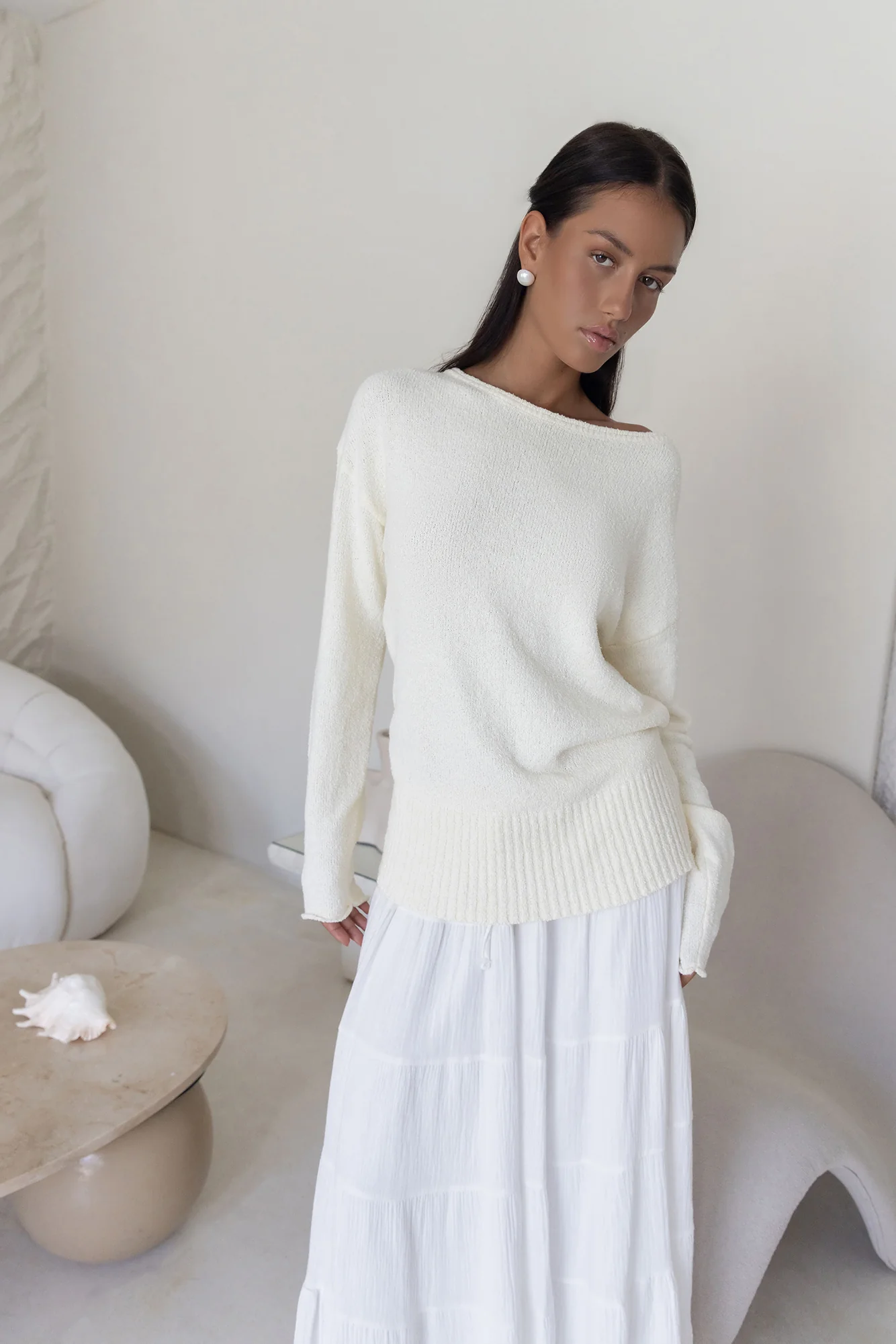 Sugar Petal Off Shoulder Knit Sweater White - Image 6