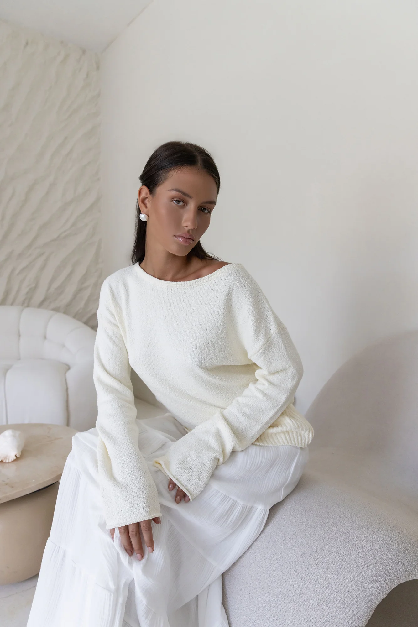 Sugar Petal Off Shoulder Knit Sweater White - Image 7