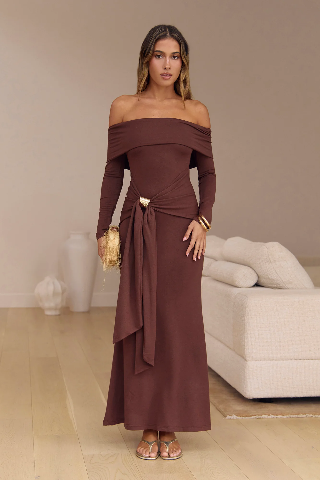 The Getaway Edit Off Shoulder Maxi Dress Chocolate - Image 4