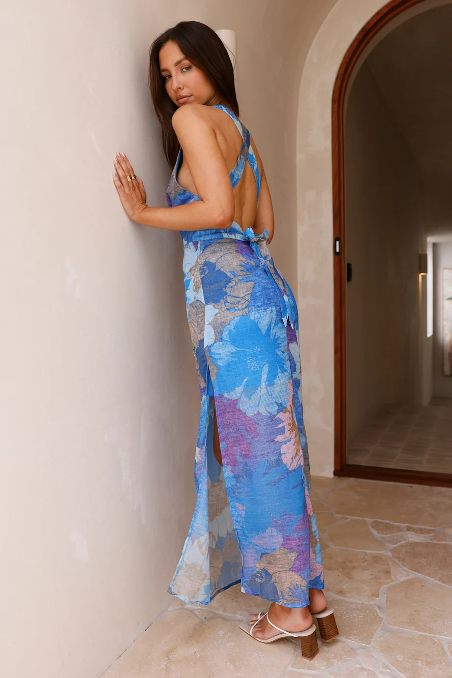 Tropical Retreat Halter Maxi Dress Blue - Image 2