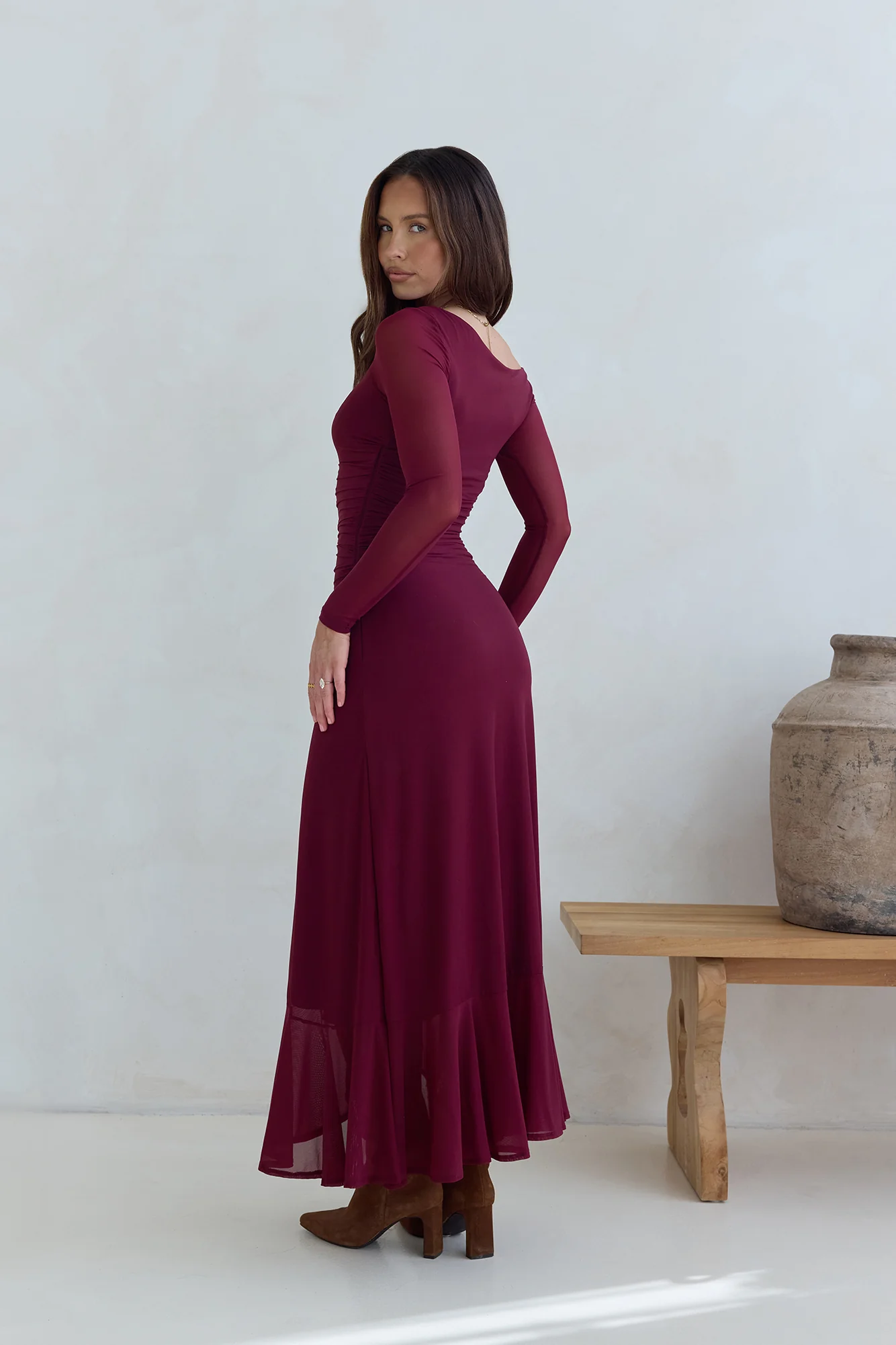 Whispered Secrets Mesh Long Sleeve Maxi Dress Wine - Image 2