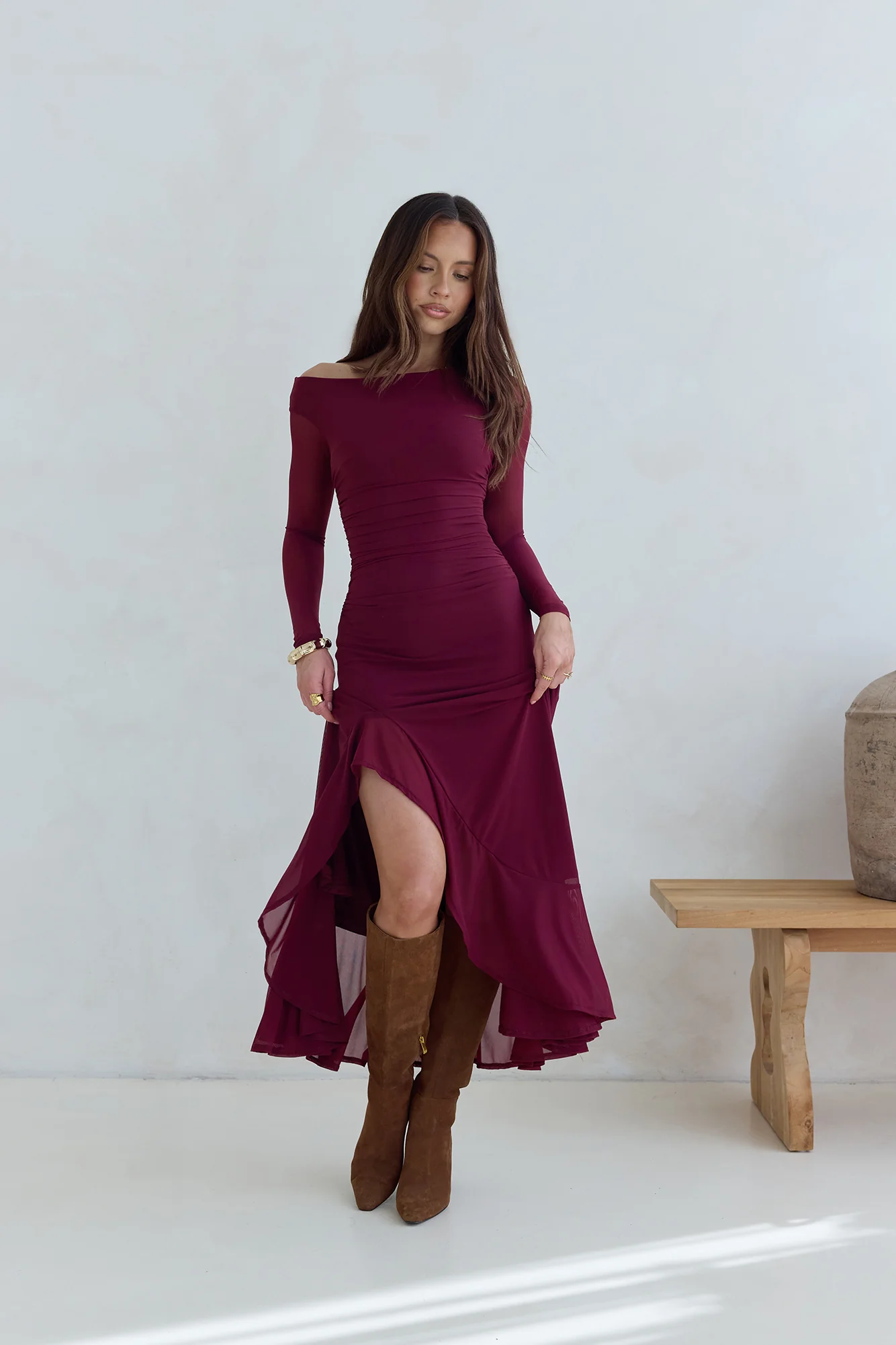 Whispered Secrets Mesh Long Sleeve Maxi Dress Wine - Image 8